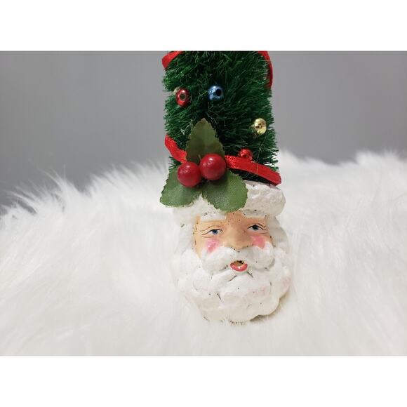 Santa Head Bottle Brush Tree Christmas Ornament Vintage Kitschy Retro Decor - Picture 2 of 4